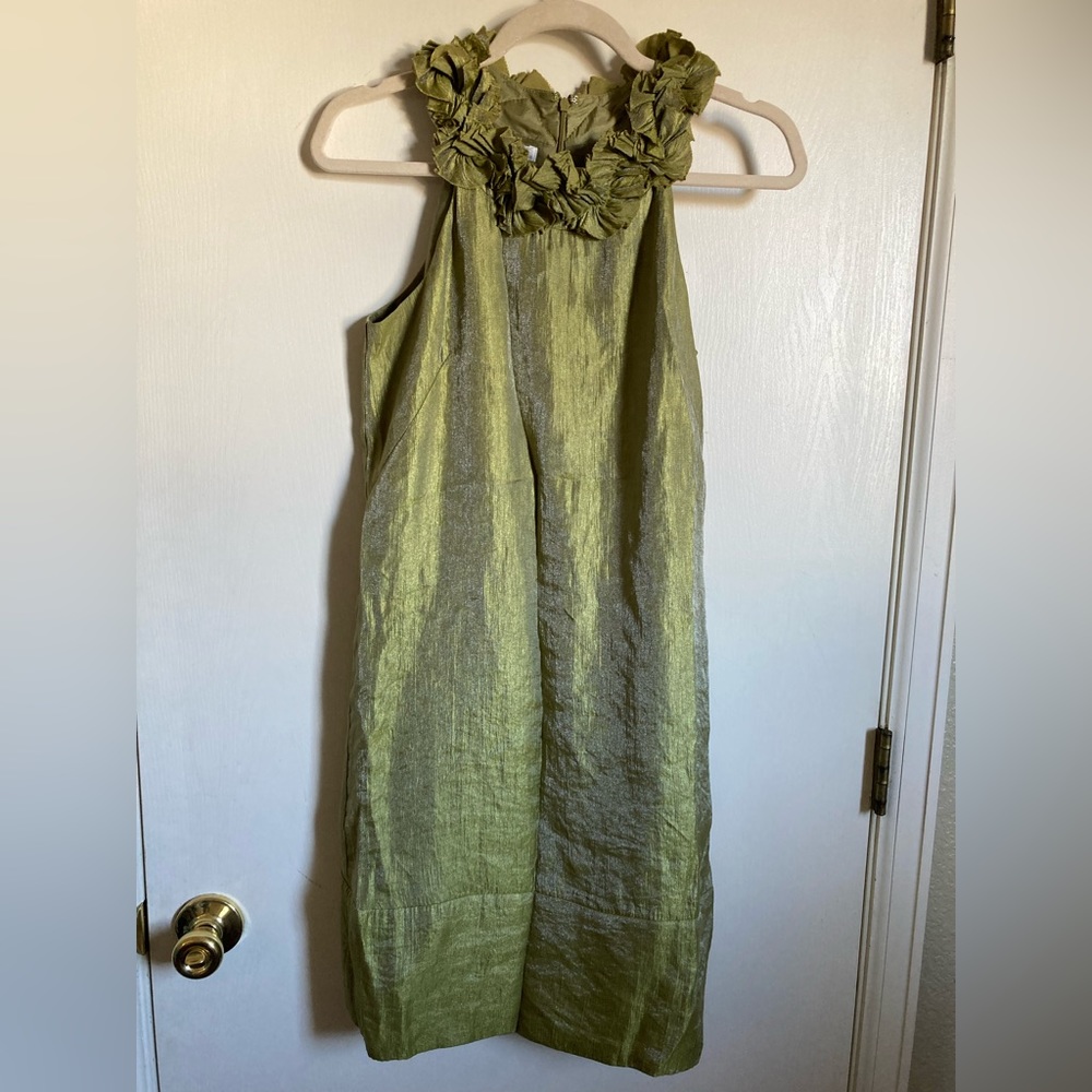 •London Times Lime Green Metallic Ruffle Neck Sleeveless Size 6 Shift Dress #Br